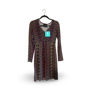 Leota Brown and Red Midi Sheath Dress with V-Neck